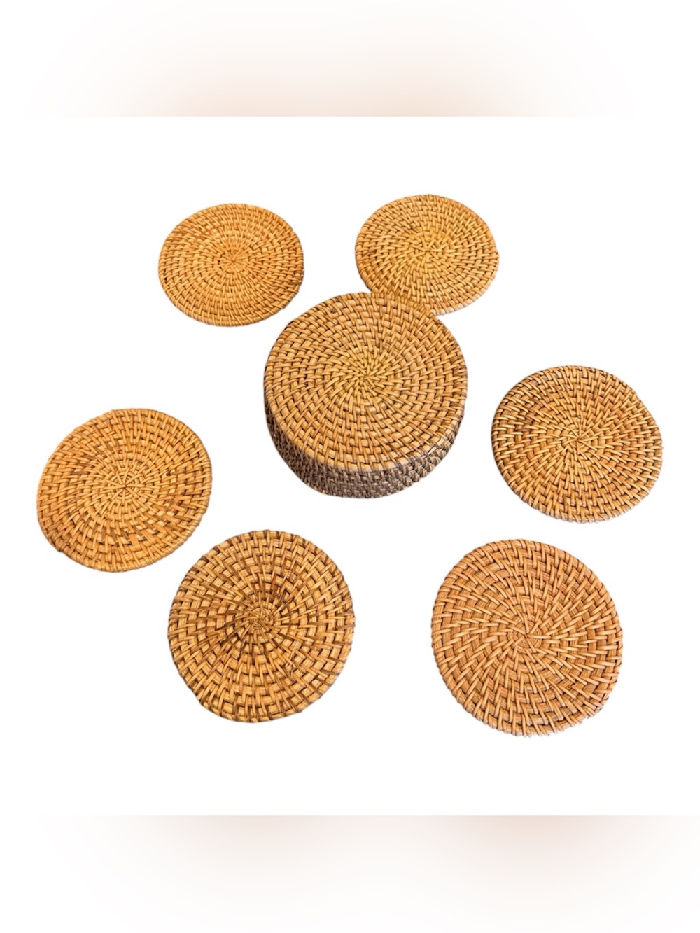 Round Rattan Coaster Set of Six with Matching Caddy Honey Brown Used - Picture 4 of 4